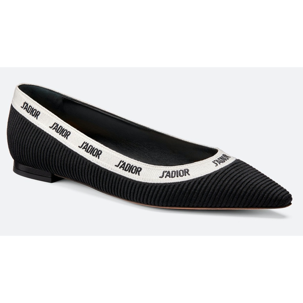 Dior J'adior Black White Ribbon Logo Embroidered Fabric Ballet Ballerina Flat 37 - Picture 1 of 12